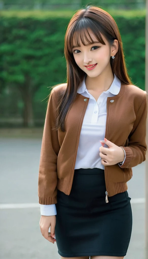 One girl, Ahoge, bangs, black skirt, black sweater, Blue Claws, Blurred, Blurred background, chest, Brown eyes, Brown Hair, brown Jacket, Mouth closed, Day included, Day, Depth of written boundary, Earrings, eyelash, Raise your hand, Tilt your head, Jacket, jewelry, Long Hair, Long sleeve, View Viewer, medium chest, Manicure, Open clothes, open Jacket, Outdoor, Pursed lips, Tucked in shirt, Side Lock, skirt, Sleeves are longer than the wrist, alone, sweater, Upper Body, zipper, smile, ((masterpiece)),