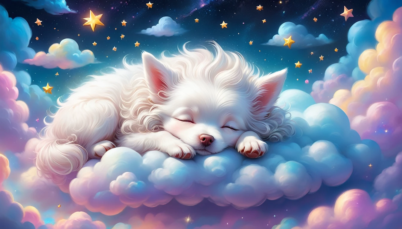 There is a white dog sleeping on a cloud with stars in the background, Dream animal cute eyes, Adorable digital painting, Beeple and Jeremiah Kettner, Cute and intricate digital art, Cute digital art, Lisa Frank, Lying in the fairyland of white clouds, Sweet dreams, A dreamlike night, Dreamy Art, Cute artwork, Dreamy scene, Fluffy and full of light, Dreamy illustration