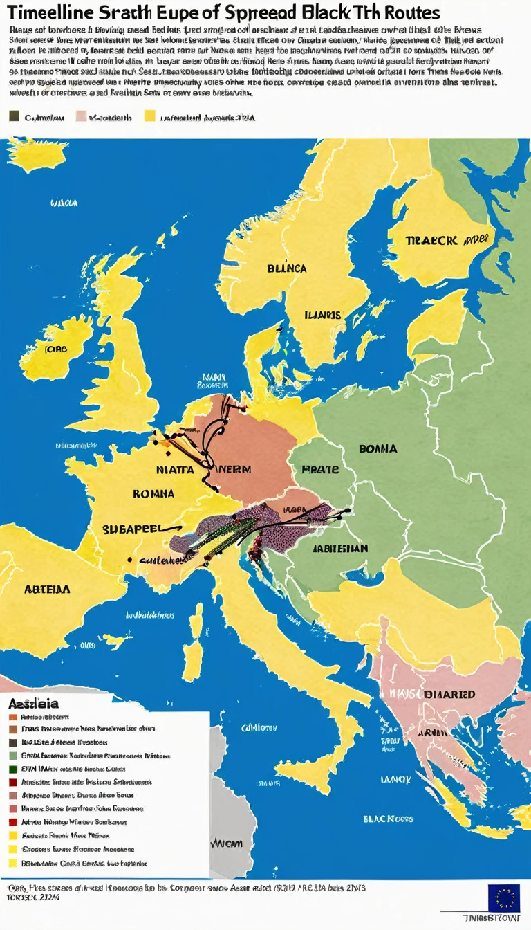 "Timeline showing the spread of the Black Death from Asia to Europe via trade routes"