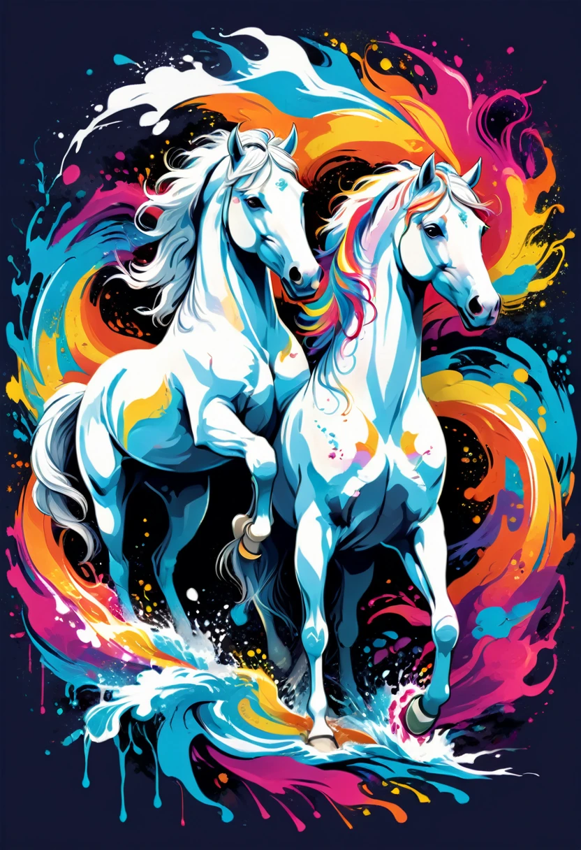 A t-shirt with vector art of a colorful illustration two white horses, At the center, swirly vibrant colors, paint splashes and smears, high détail,Hawaii Background (artwork, best quality, proffesional, perfect composition, very aesthetic, absurdrez, super verbose, Intricate details:1.3)
