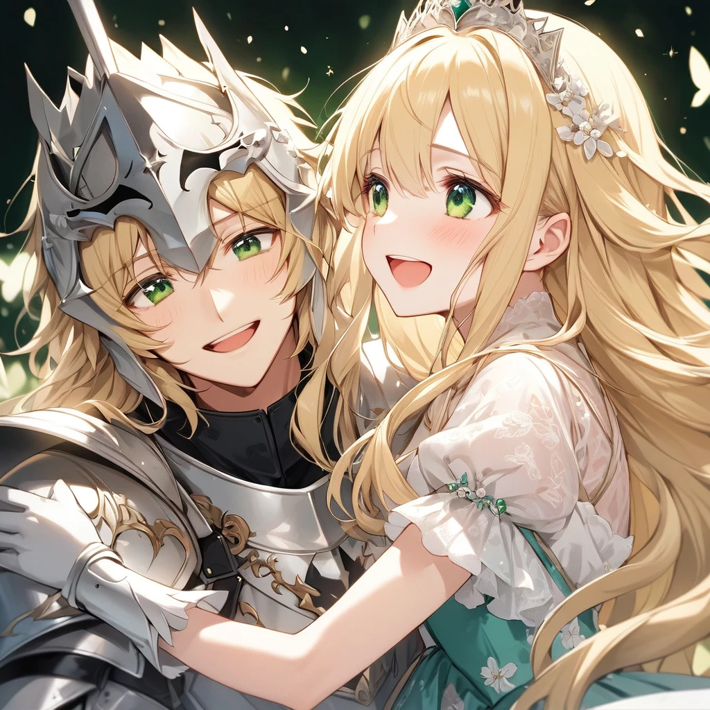 #Two people#16age、(黒髪Green Eyes、Beautiful Knight),(Blond, fluffy, long hair、Green Eyes、A princess in a delicate and beautiful dress)、close、They put their faces together and laugh