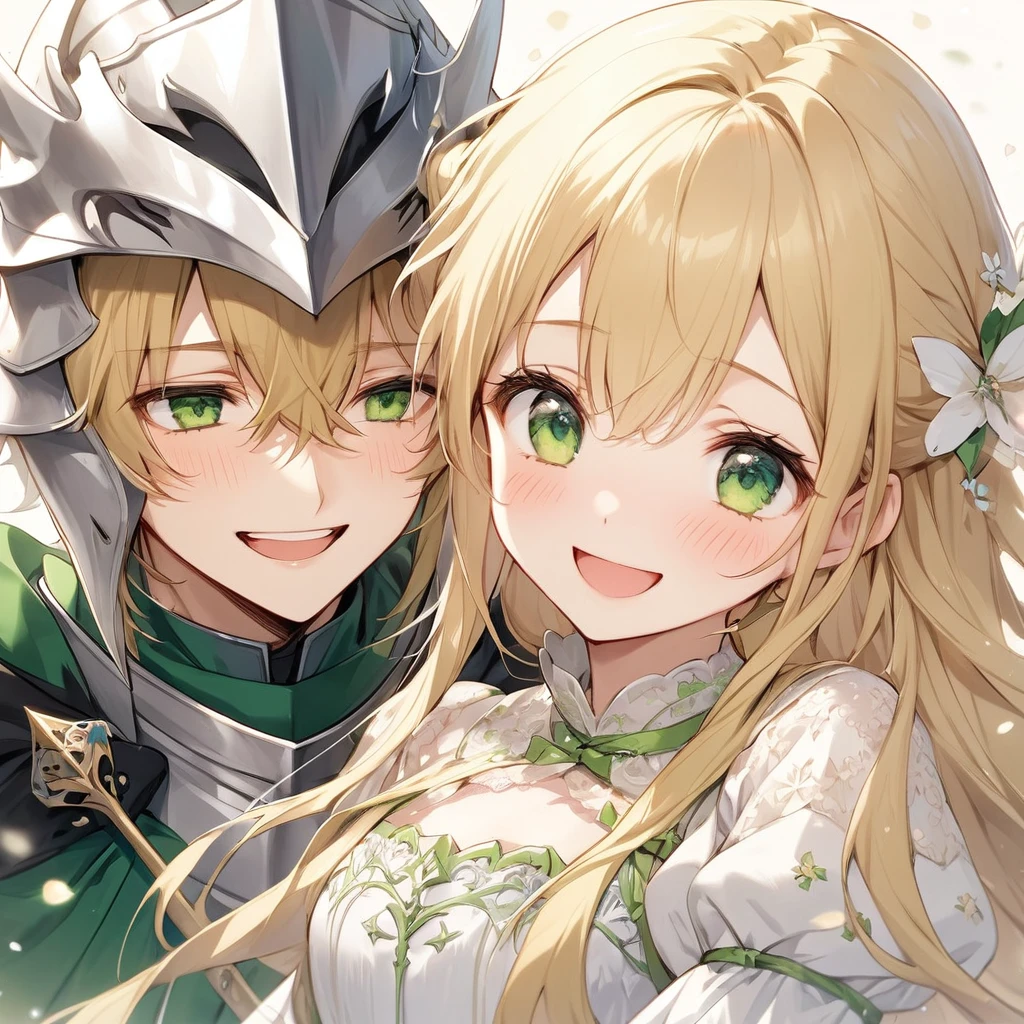 #Two people#16age、(黒髪Green Eyes、Beautiful Knight),(Blond, fluffy, long hair、Green Eyes、A princess in a delicate and beautiful dress)、close、They put their faces together and laugh