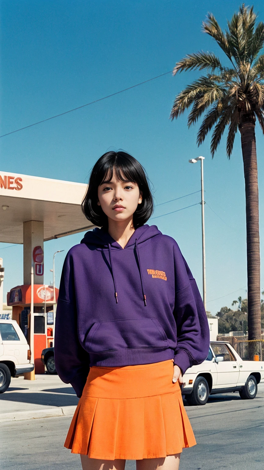  photo cinematic photograph long shot portraits by Wes Anderson, cute 23 yo girl ,fokus, bokeh ,wear ((orange color oversized_hoodie)), wear ((purple tennis skirt)),looking front,Best Quality,Masterpiece,Ultra High Resolution,(Realisticity:1.4),Original Photo, 1Girl, light leak,ultra high resolution,UHD,beautiful, (black bob hair), almond eye, no makeup, in front of ((80's los angles gas station)), (realistic:1.2), (surreal:1.3), (very detailed:1.1), ((masterpiece)),summer, blue sky, palm trees,sunny, los angles vibes,film camera, 800mm lens,style of Philip Lorca diCorcia