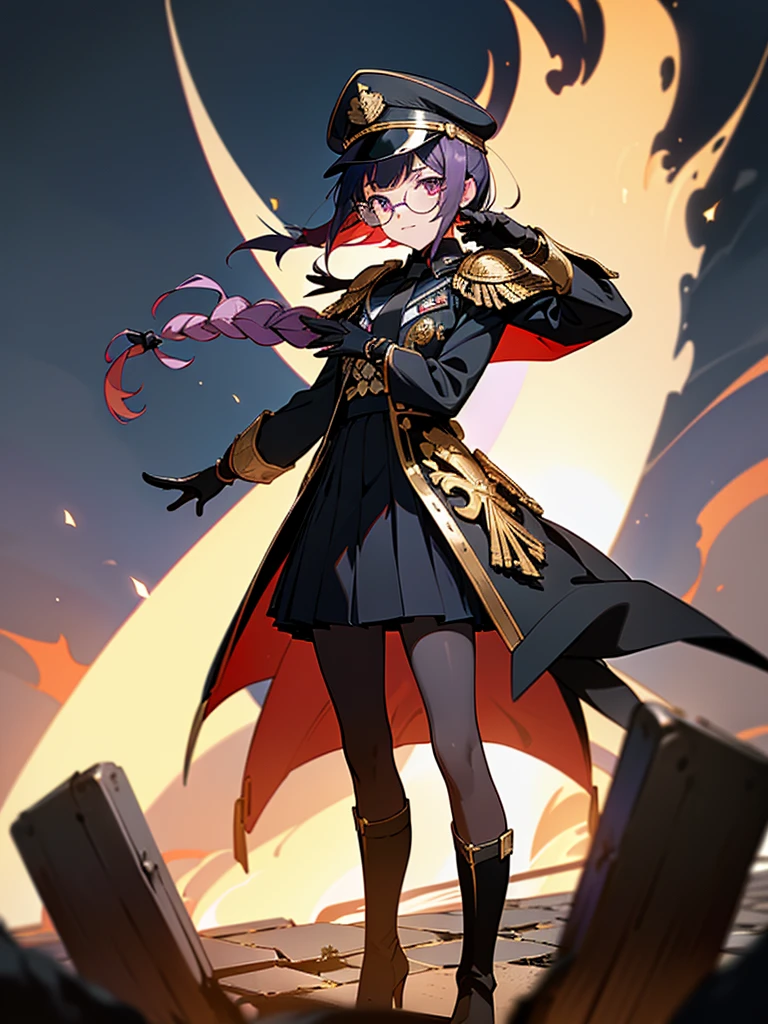 realisitic, City Deserted, Pile of rubble, Brick building, a one woman (18 years old, far away blackw hair, far away slits, Eyes red, glare eyes, 精致的面容, standing (In floor, feet shoulder-width apart), Lolita style military uniform (blackw base, blue Insert, golden decoration, volantes, wide sleeves, dainty and delicate detailing armors), blackw far away gloves (blackw, blue Insert, golden decoration, small hands, armors), blackw far away gloves, knee high boots (blackw, high-heels, red soles), ha (blackw, aba dourada, shield emblem, delicate details), arms in front, Front of belly, Holding military swords with both hands (blackw, golden decoration, delicate detail, Handle at the top, Ground-facing blade, in front of the body, far away), night sky (blackw, stele, Increased flames and smoke) Pale painting style, One Girl, super high quality, Super Detail, Super Detailed image, long hair, looking at viewer, skirt, shirt, hair ornament, violet eyes, gloves, round glasses, long sleeves, hat, closed mouth, jacket, violet hair, braid, open clothes, necktie, black gloves, black skirt, uniform, single braid, open jacket, black jacket, black headwear, 手链, peaked cap, black necktie, cropped jacket, military hat, pantyhose, Flat Chest, smile, Black Cape