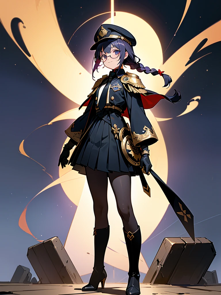 realisitic, City Deserted, Pile of rubble, Brick building, a one woman (18 years old, far away blackw hair, far away slits, Eyes red, glare eyes, 精致的面容, standing (In floor, feet shoulder-width apart), ta style military uniform (blackw base, blue Insert, golden decoration, volantes, wide sleeves, dainty and delicate detailing armors), blackw far away gloves (blackw, blue Insert, golden decoration, small hands, armors), blackw far away gloves, knee high boots (blackw, high-heels, red soles), ha (blackw, aba dourada, shield emblem, delicate details), arms in front, Front of belly, Holding military swords with both hands (blackw, golden decoration, delicate detail, Handle at the top, Ground-facing blade, in front of the body, far away), night sky (blackw, stele, Increased flames and smoke) Pale painting style, One Girl, super high quality, Super Detail, Super Detailed image, long hair, looking at viewer, skirt, shirt, hair ornament, violet eyes, gloves, round glasses, long sleeves, hat, closed mouth, jacket, violet hair, braid, open clothes, necktie, black gloves, black skirt, uniform, single braid, open jacket, black jacket, black headwear, 手链, peaked cap, black necktie, cropped jacket, military hat, pantyhose, Flat Chest, smile, Black Cape