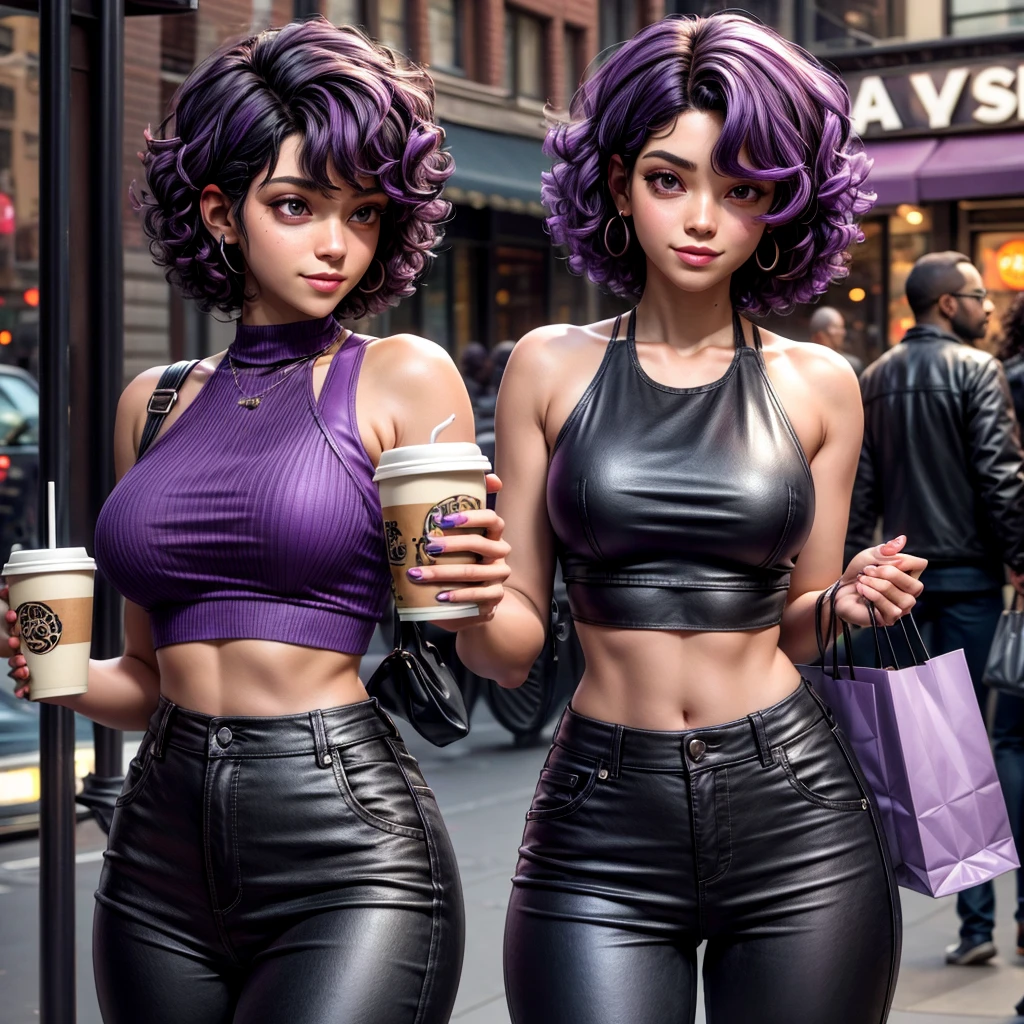 black,short curly hair with purple highlights,wearing a crop top and shopping pants while having coffee in new york