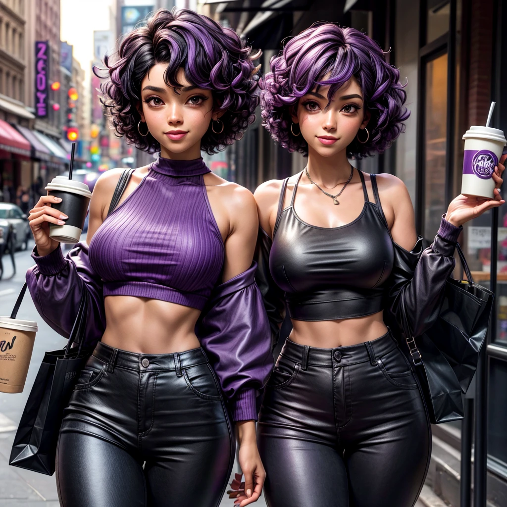 black,short curly hair with purple highlights,wearing a crop top and shopping pants while having coffee in new york