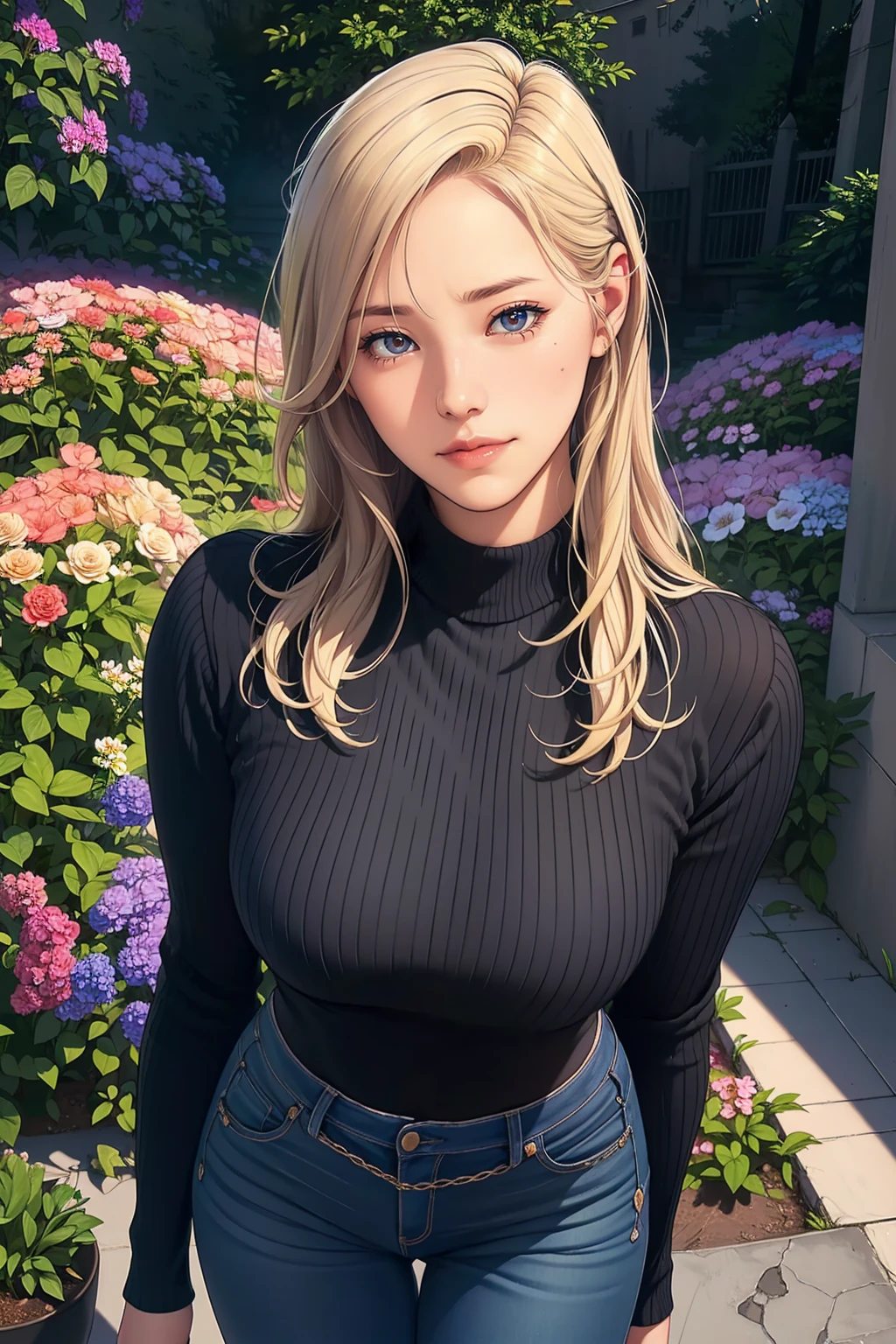 1girl, long blonde hair, beautiful detailed eyes, blue eyes, beautiful detailed lips, smile, gray sweater, long black jeans, blue shoes, portrait, flower garden, (best quality,8k,highres,masterpiece:1.2),ultra-detailed,(realistic,photorealistic,photo-realistic:1.37),HDR,vivid colors,natural lighting,cinematic mood,fantasy,soft lighting