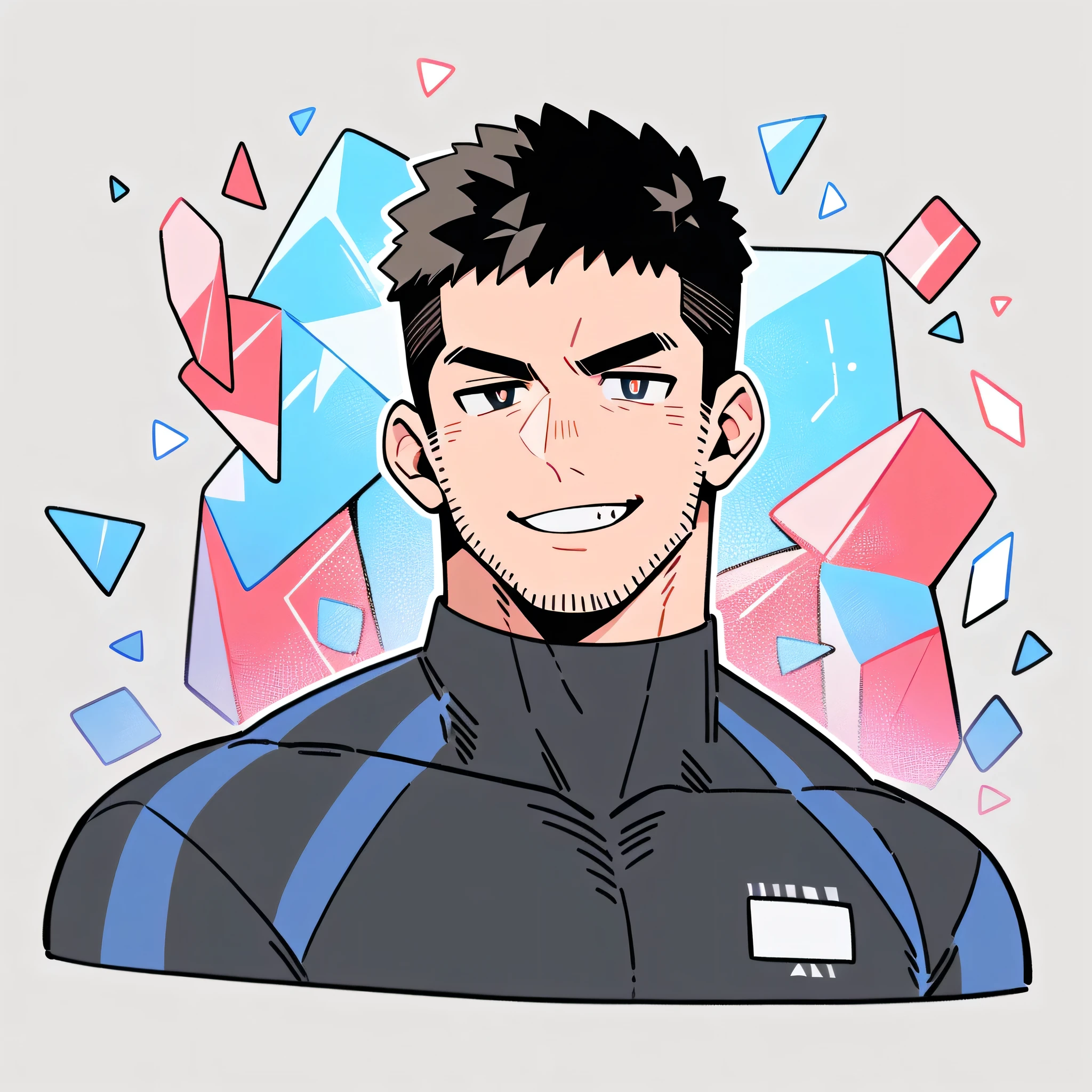 anime characters:Chris Redfield, Muscle Sports Student, Buzz Cut, Manliness, male focus, Dark black high collar long sleeve tight T-shirt, Slightly transparent material, Very tight, Round, full and perky chest muscles, muscular male, muscular, only, Upper body, alone, Black short hair, Thick eyebrows, stubble, Brown-red pupils, Grey background, simple background, amazing quality, best aesthetics, Ridiculous, crew cut, parted lips, raised eyebrow, seductive smile, naughty face, best quality