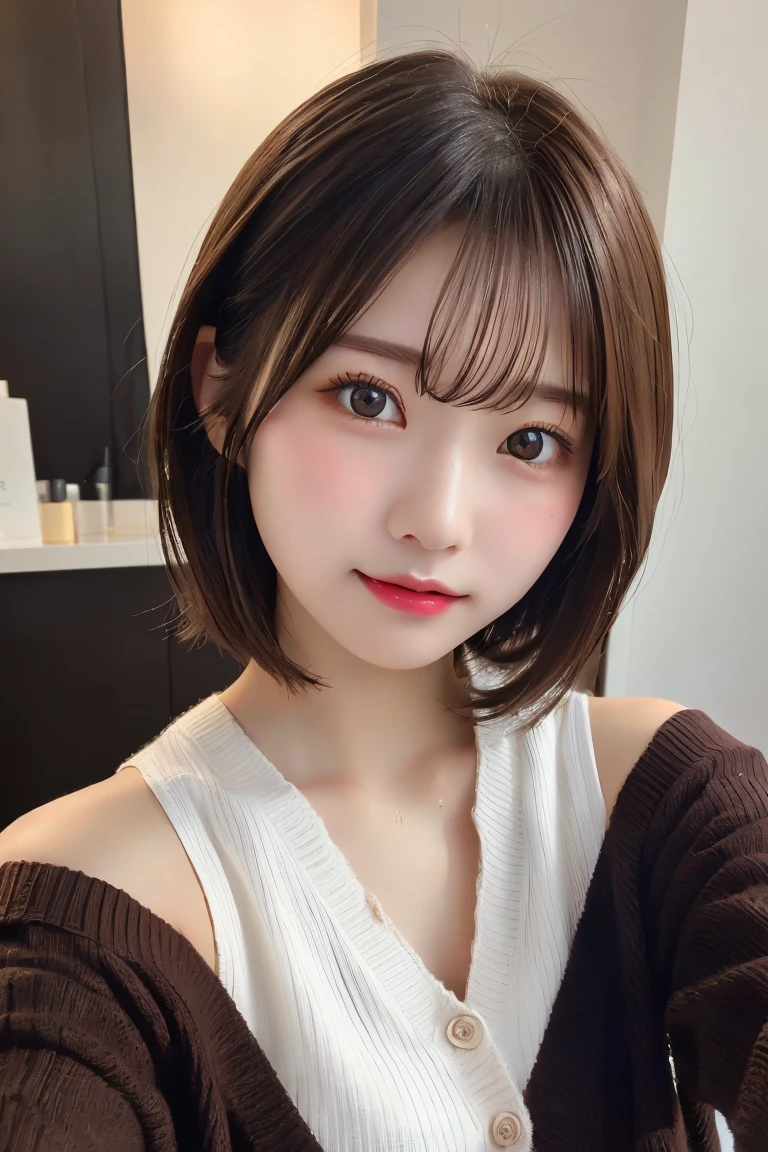 Highest quality、(beautiful)、Precision Eyes、Fine skin、Brown eyes、22-year-old female、Brown Hair、looking at the camera、Gal、Semi-short hair、Long sleeve cardigan、Selfie、Precision Hands、Open your mouth、Off the shoulder