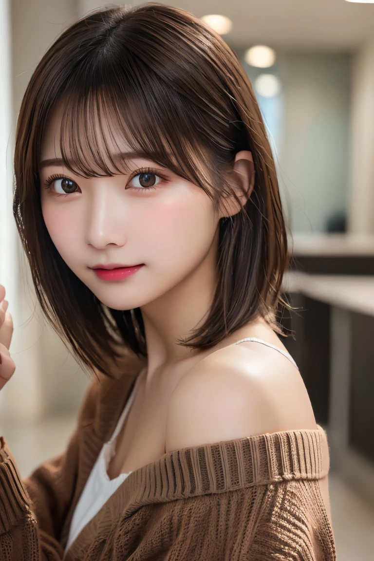 Highest quality、（beautiful）、Precision Eyes、Fine skin、Brown eyes、22-year-old female、Brown Hair、looking at the camera、Gal、Semi-short hair、Long sleeve cardigan、Selfie、Precision Hands、Open your mouth、Off the shoulder