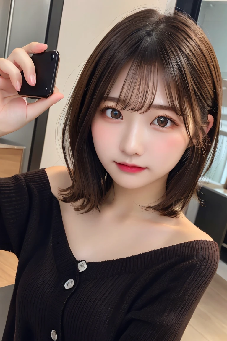 Highest quality、（beautiful）、Precision Eyes、Fine skin、Brown eyes、22-year-old female、Brown Hair、looking at the camera、Gal、Semi-short hair、Long sleeve cardigan、Selfie、Precision Hands、Open your mouth、Off the shoulder