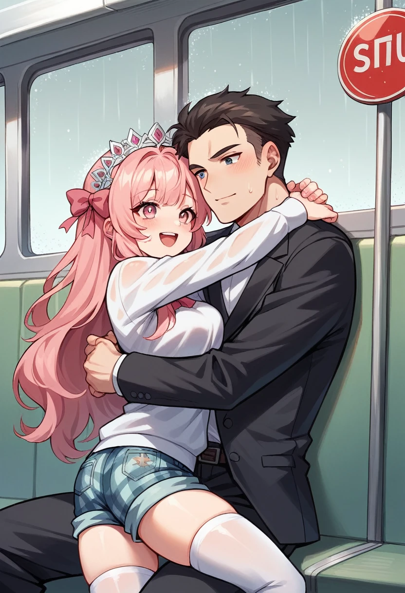 anime girl with long hair in a gradient color from light blue to light pink. and wearing a daisy crown. her face is very cute like a with pink eyes. she wears a white shirt with a pink ribbon on the top of her shirt and she wears pink plaid shorts and wears white stockings. her face is so sweet, her skin is FFFCD which is buttermilk. she is hugging an anime guy in a black suit while the atmosphere is raining, they are under a bus stop waiting for the bus, snuggling in the warmth of the hug, the boy is making a happy face and so is the girlk