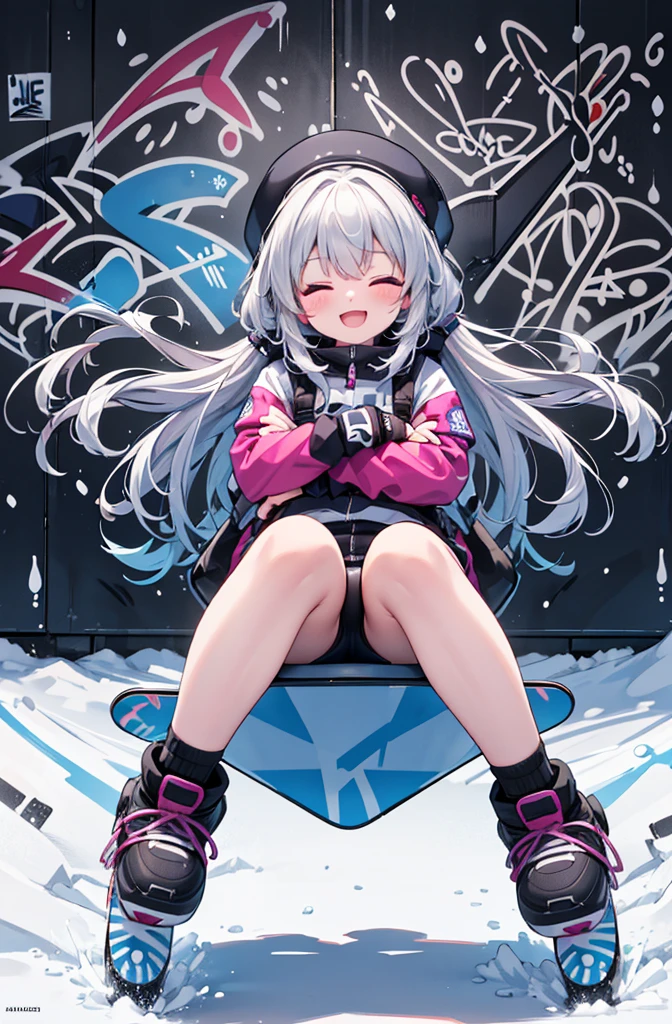 8K,(masterpiece),high resolution,best quality,(ultra-detailed),ultra detailed eyes,solo girl is jumping on the snowboard,(Draw a lot of graffiti on the snowboard:1.4),very smile,closed eyes,open mouth,her arms crossed,wide-shot,fishueye,from below