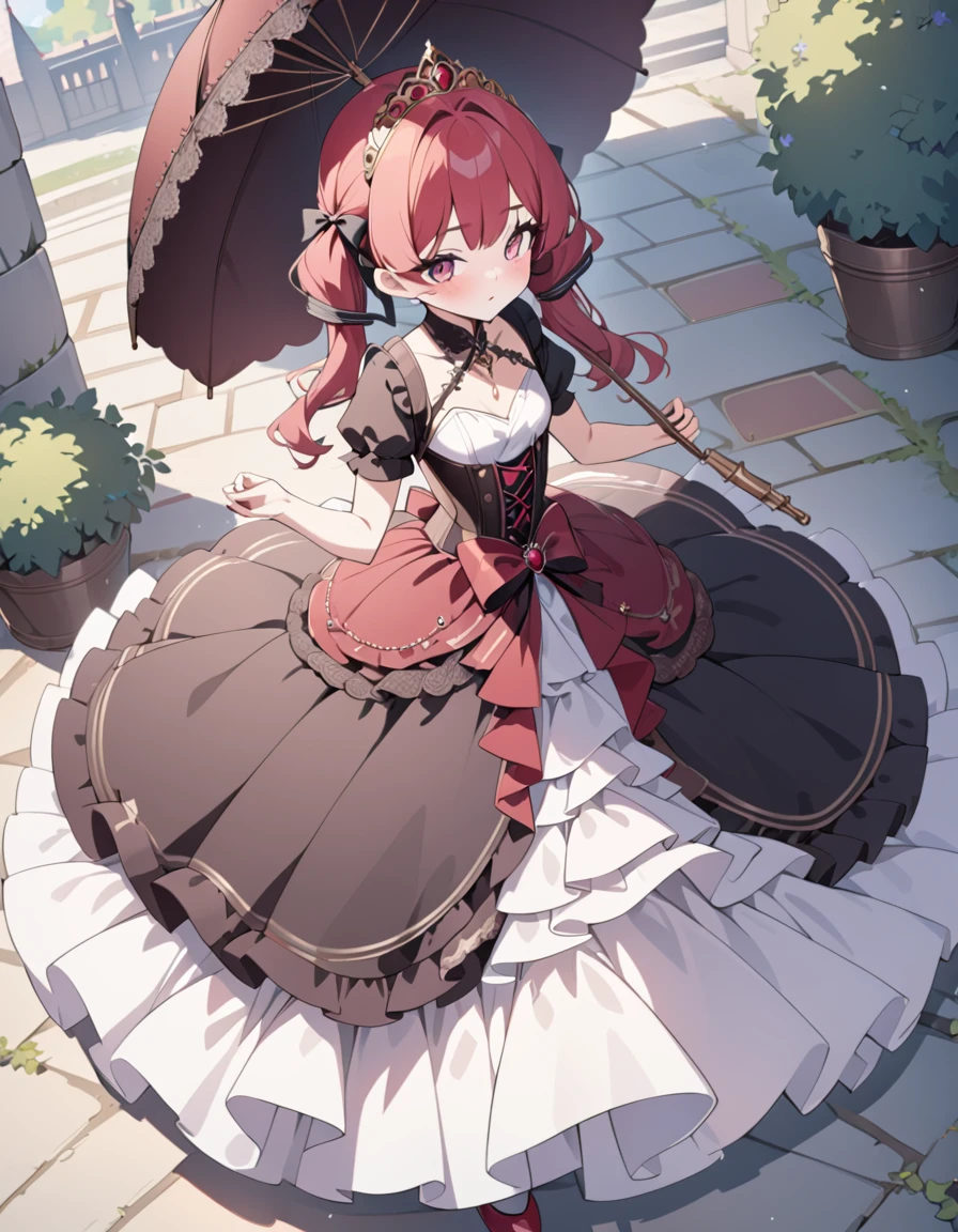 (best quality,4k,8k,highres,masterpiece:1.2),ultra-detailed, Pretty princess, drawn in anime style, is cute and joyful, long red pigtails hair, pink eyes, small breast, lipsmakeup, pink eyeshadow, steampunk, red and white princess gown with puffy sleeves, Domt shades of redically-based rendering,gorgeous dress design,flowing gown,elaborate lace details,rich textures,contrast stitching,delicate ribbon bows,floral accents,long maxi skirt,short sleeves,fitted waistline,lace-up back,luxurious fabrics,flawless silhouette, petticoat, bustle, corset, hair ribbons, white elbow gloves, ruby earrings and necklace, gold tiara, high heels, holding a lacy umbrella, walking in castle garden, beautiful sunny and cloudy sky.