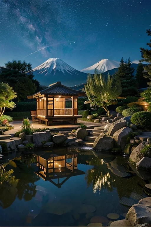 draw a realistic drawing of a Koi pond with a reflection of the starry sky against the backdrop of Mount Fuji