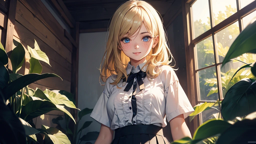 ((masterpiece,best quality,ultra detailed,ultra high res)), soft realistic focus, Perfect Eyes, dynamic shadows, realistic image, vibrant colors,light leaks,dreamy atmosphere,chiaroscuro,BREAK 
experimental charm, The girl is depicted in full growth, girl , thin and tall, you see the girl from head to toe, nostalgic appeal, country girlfriend, she take you with yourself, skirt and short blouse, soft mischievous smile, freckles, blonde hair, slightly leaning forward, flashback of memories, blonde, holding your hand

