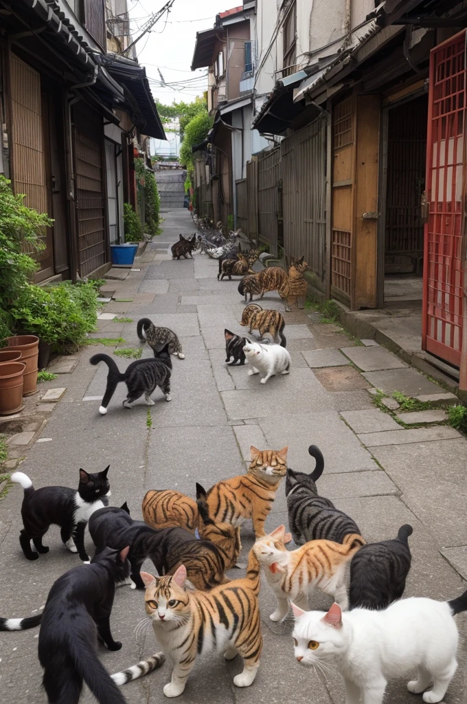 ((Highest quality)), ((masterpiece)), (detailed), Japanese back alley background，Lots of stray cats，30 cats，Only cats，Three-haired cat，Hachiwale cat，Black cat，White cat，Tea Tiger Cat，Gathering，Cute Cat，Lots of cats，A lot of cats，Cat rally，Cats talking