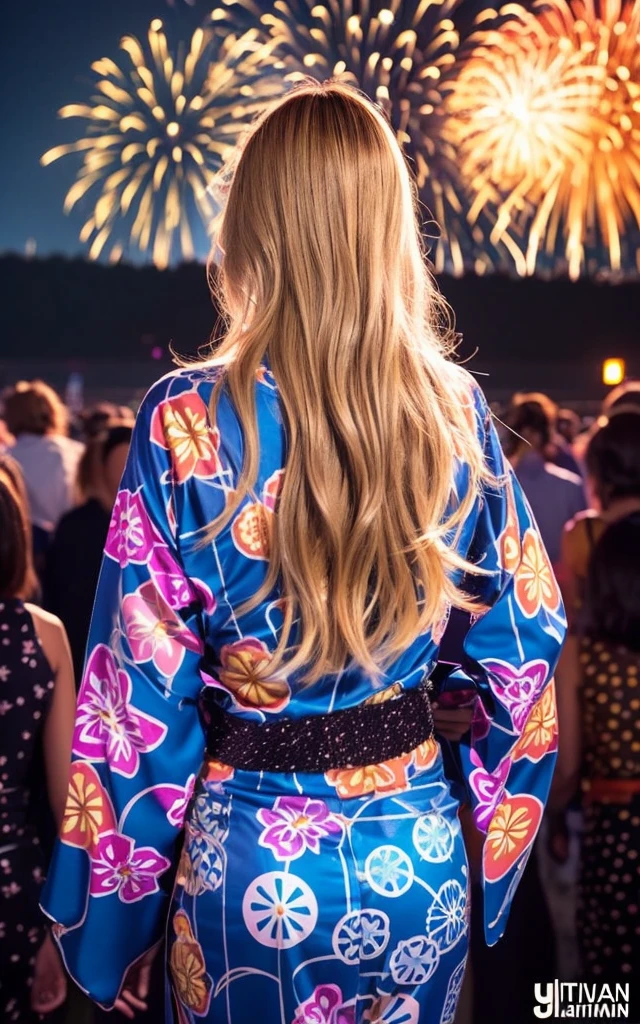 gyaru, dark-skinned, shiny oiled skin, blond hair, wearing vivid yukata, standing in crowd, dark-night, deep fog, orange lanthanum light, Fireworks Festival Venue, Fireworks in the background, cinematic lighting, full body shot,  from behind