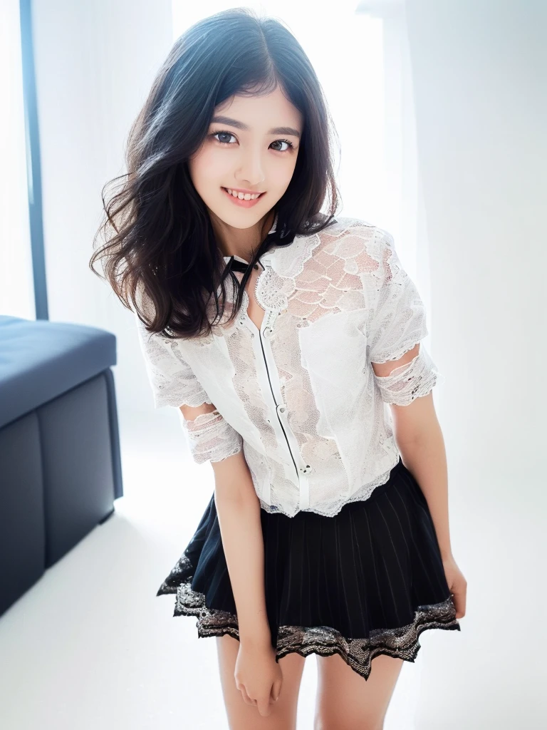 (Highest quality:1.9)、(High resolution)、Live-action image quality、((20-year-old woman、1 person))、Soft lighting by a professional photographer、Natural light、((Very spacious white luxurious room:1.6))、((Bright white room:1.6))、(Standing in front of a very luxurious white bed:1.2)、(White bookshelf background:1.1)、Natural soft light、((Black Hair Color:1.1))、Fair skin、Detailed Eyes、double eyelid、Slightly puffy cheeks、((Small Face:1.0))、((White lace short sleeve shirt、Please wear it with the chest open.:1.7))、((White and black striped skirt:1.2))、(Cute Smile)、((Girly pose 1.8))、((Long curly hair:1.1))、((Full Body Shot:1.2))、((Height: 165cm))、Hands in front、Hold hands between legs、