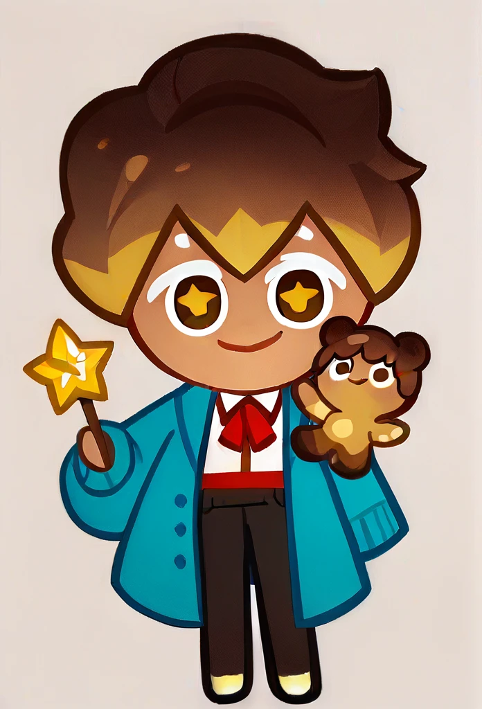 chibi, full body, CookieRun, 1 boy, brown eyes, cute eyes, yellow star pupils, :3, short hair, brown hair, blue cardigan, white shirt, red tie, black trousers, smile 