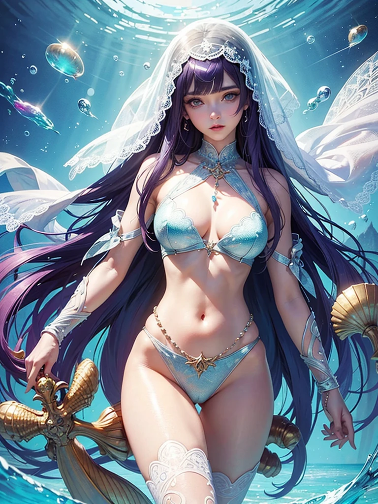 official arts, Unity 8k Wallpaper, Ultra-detailed, Beautiful and aesthetically pleasing, tmasterpiece, beste-Qualit, (zentangle, a Mandala, clew, meshing), (s fractal art: 1.3), 1girl, mermaid suit, (purple hairstyle: Long hair), Extremely detailed, dinamic angle, Cowboy shot, Most Beautiful Form of Chaos, elegant, sexy eyes, transparent veil in her face, a brutalist designed, bright colours, romanticism, seafoam, bubbles, shells, pearls