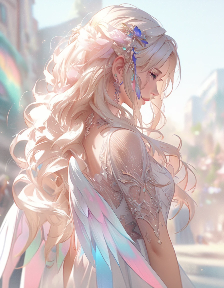 Anime girl with long blonde hair and wings in the city, Beautiful fantasy anime, Anime fantasy illustration, Detailed digital anime art, Anime fantasy artwork, 2. 5 d cgi Anime fantasy artwork, guweiz on pixiv artstation, Fantasy art style, Beautiful fantasy art, Lostrun 8k, 8k high quality detailed art, Beautiful and elegant elven queen