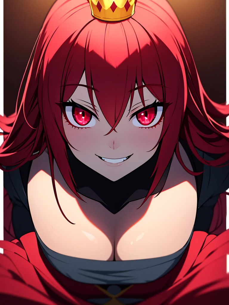 Blood-eyed Princess of Darkness, Redhead, Crown, Wicked Smile, Anime Style, Lens flare, High detail, First Person View, Cinema Lighting, masterpiece, Super detailed, Highest quality, 8K, Ultra-high resolution