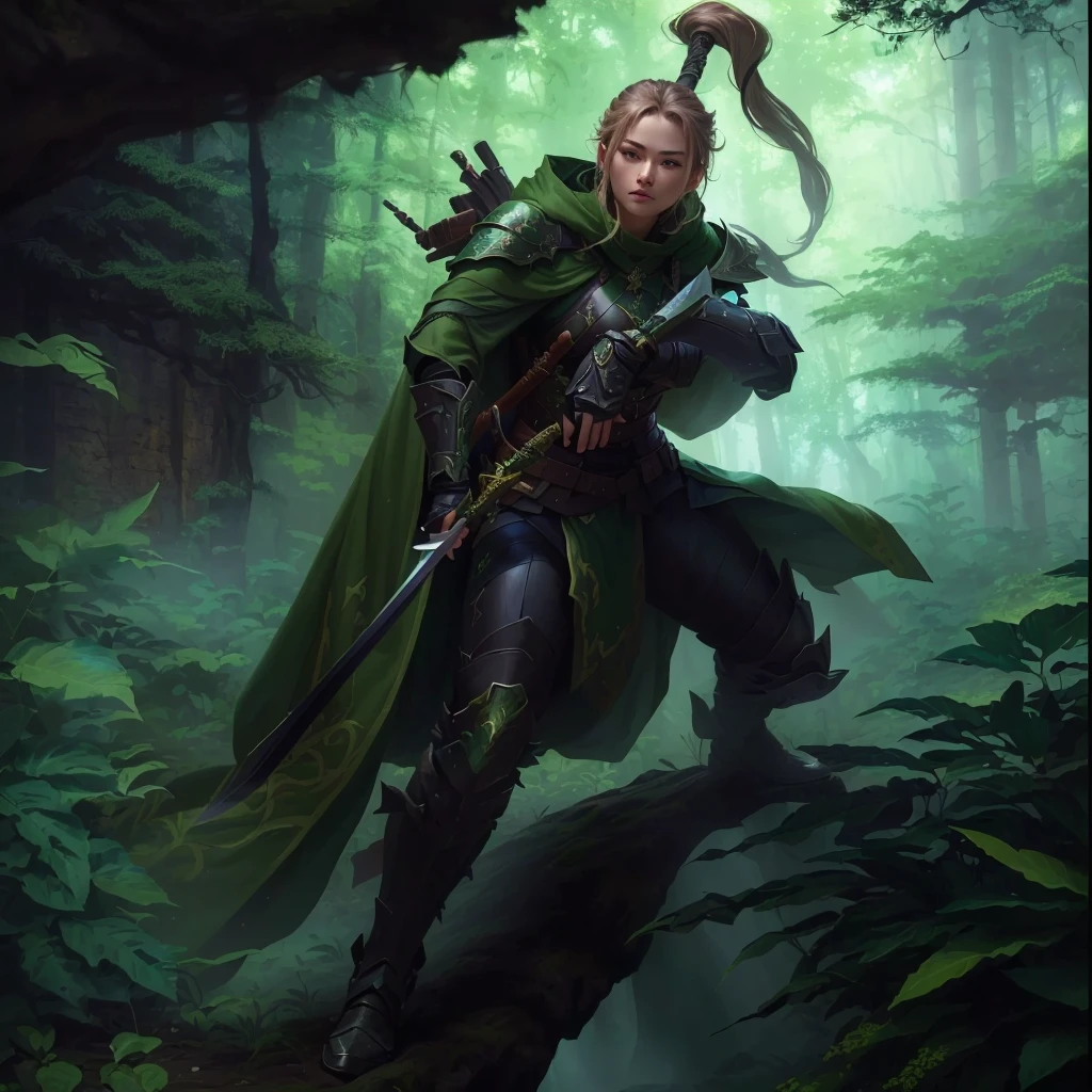 A man holding a sword、Woman in green cloak standing in the forest, forest hunter lady, female forest archer, portrait of Female hooligan, Female hooligan, Portrait of a female ranger, Portrait of a Forest Wizard, Beautiful rogue lady, Stanley Liu, Demonic Thief, Fantasy Paladin Woman, portrait of female paladin, fantasy hunter