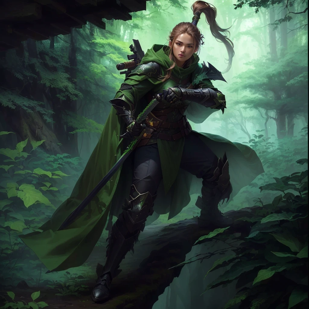 A man holding a sword、Woman in green cloak standing in the forest, forest hunter lady, female forest archer, portrait of Female hooligan, Female hooligan, Portrait of a female ranger, Portrait of a Forest Wizard, Beautiful rogue lady, Stanley Liu, Demonic Thief, Fantasy Paladin Woman, portrait of female paladin, fantasy hunter