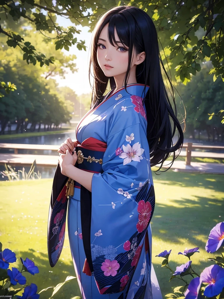 a beautiful woman in a kimono with long japanese black hair,standing in a field of blooming blue morning glory flowers,sparkling amethyst eyes,(best quality,4k,8k,highres,masterpiece:1.2),ultra-detailed,(realistic,photorealistic,photo-realistic:1.37),HDR,UHD,studio lighting,ultra-fine painting,sharp focus,physically-based rendering,extreme detail description,professional,vibrant colors,dramatic lighting,elegant,serene,photorealistic