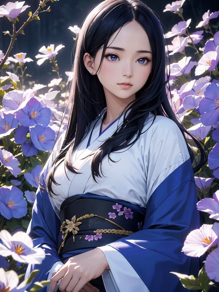 a beautiful woman in a kimono with long japanese black hair,standing in a field of blooming blue morning glory flowers,sparkling amethyst eyes,(best quality,4k,8k,highres,masterpiece:1.2),ultra-detailed,(realistic,photorealistic,photo-realistic:1.37),HDR,UHD,studio lighting,ultra-fine painting,sharp focus,physically-based rendering,extreme detail description,professional,vibrant colors,dramatic lighting,elegant,serene,photorealistic
