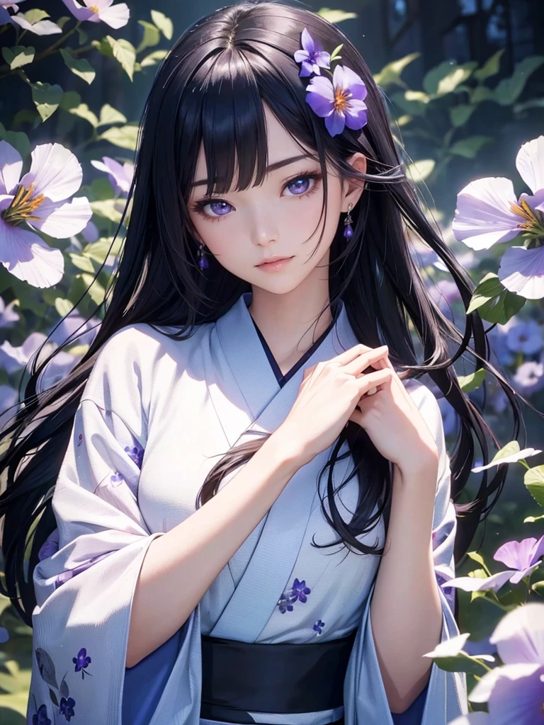 a beautiful woman in a kimono with long japanese black hair,standing in a field of blooming blue morning glory flowers,sparkling amethyst eyes,(best quality,4k,8k,highres,masterpiece:1.2),ultra-detailed,(realistic,photorealistic,photo-realistic:1.37),HDR,UHD,studio lighting,ultra-fine painting,sharp focus,physically-based rendering,extreme detail description,professional,vibrant colors,dramatic lighting,elegant,serene,photorealistic