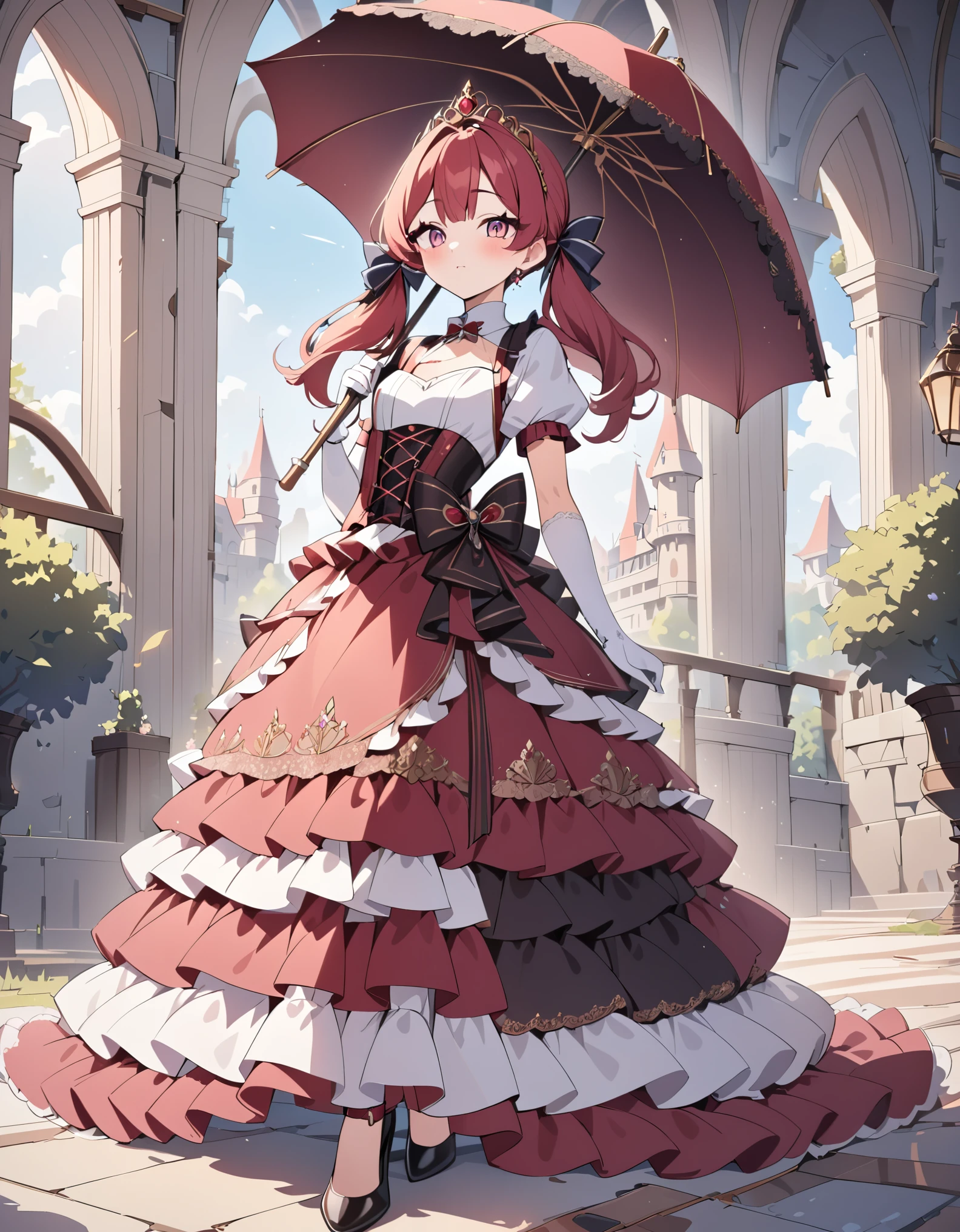 (best quality,4k,8k,highres,masterpiece:1.2),ultra-detailed, Pretty 15 years old princess, drawn in anime style, is cute and joyful, long red pigtails hair, pink eyes, small ??????, lipstick, makeup, pink eyeshadow, steampunk, red and white princess gown with puffy sleeves, Dominant shades of red, physically-based rendering,gorgeous dress design,flowing gown,elaborate lace details,rich textures,contrast stitching,delicate ribbon bows,floral accents,long maxi skirt,short sleeves,fitted waistline,lace-up back,luxurious fabrics,flawless silhouette, petticoat, bustle, corset, hair ribbons, white elbow gloves, ruby earrings and necklace, gold tiara, high heels, holding a lacy umbrella, walking in castle garden, beautiful sunny and cloudy sky. 