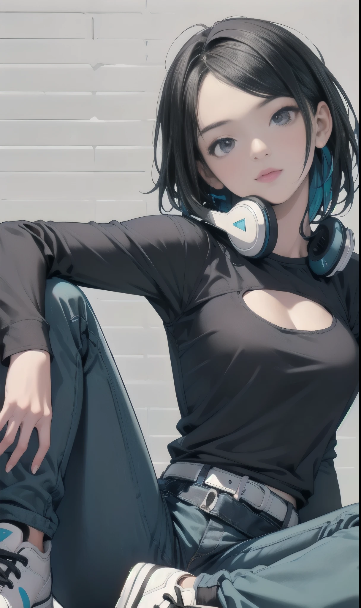 1girl, solo, long hair, looking at viewer, shirt, black hair, sitting, shoes, sleeveless, pants, medium hair, black eyes, black shirt, sleeveless shirt, ground vehicle, yellow pants, orange pants, washing machine