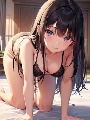 ((Tabletop, Highest quality)), ((High resolution)), (Photo Real), Best Shadow, Attention to detail, Very detailed, (Nice hands, Perfect hands), (Face Focus:1.2), ((One girl)), beautiful girl, Age 25, blue eyes, (Long black hair:1.5), (Normal chest:1.3), (smile:1.3), Shiny white skin, (View from below), (Very thin:1.3), (Cute face:1.3), (View the viewer:1.4), Detailed facial features,Droopy eyes, Sharp focus, perfect beautiful body and face, Perfectly focused, (On all fours:1.4), Long bangs, (In the bedroom:1.4), (Black bra:1.4), (魅惑的なsmile:1.5), ((G-string:1.3)), Browsing Caution, fold、Big Breasts