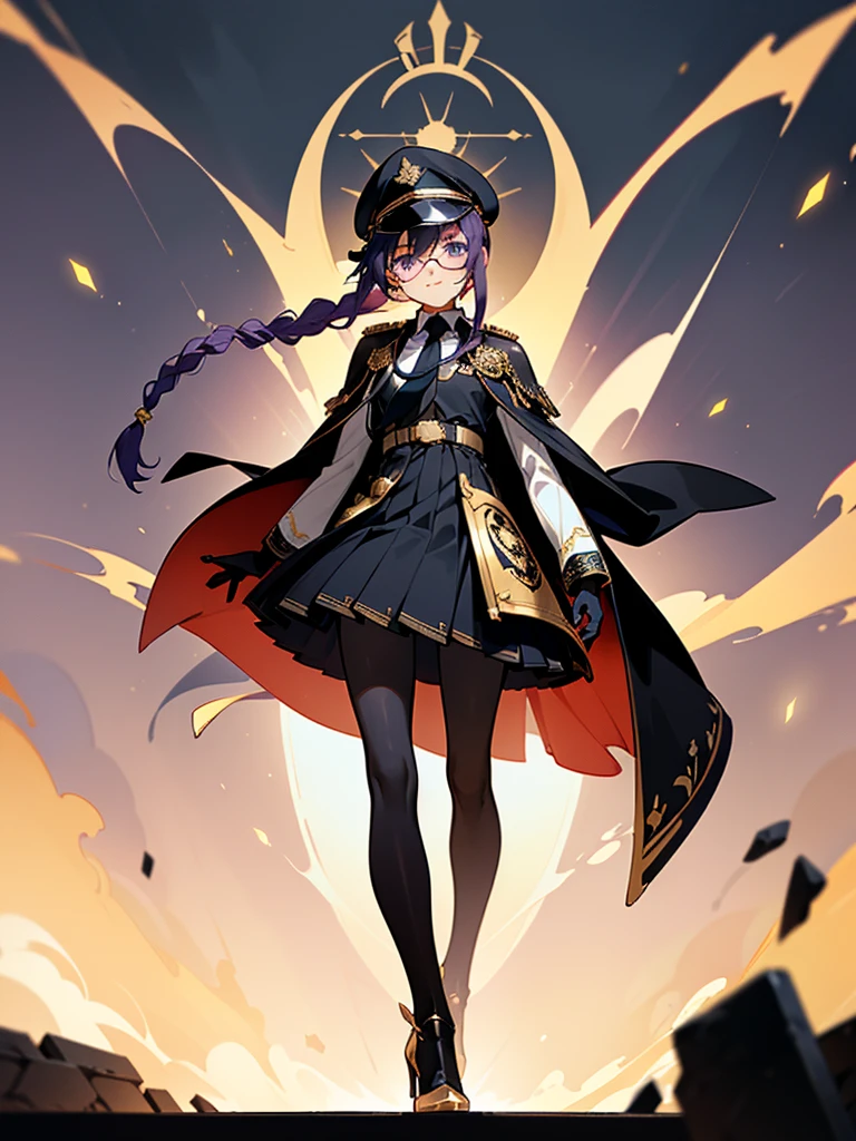 realisitic, City Deserted, Pile of rubble, Brick building, a one woman (18 years old, far away blackw hair, far away slits, Eyes red, glare eyes, 精致的面容, standing (In floor, feet shoulder-width apart), Lolita style military uniform (blackw base, blue Insert, golden decoration, volantes, wide sleeves, dainty and delicate detailing armors), blackw far away gloves (blackw, blue Insert, golden decoration, small hands, armors), blackw far away gloves, knee high boots (blackw, high-heels, red soles), ha (blackw, aba dourada, shield emblem, delicate details), arms in front, Front of belly, Holding military swords with both hands (blackw, golden decoration, delicate detail, Handle at the top, Ground-facing blade, in front of the body, far away), night sky (blackw, stele, Increased flames and smoke) Pale painting style, One Girl, super high quality, Super Detail, Super Detailed image, long hair, looking at viewer, skirt, shirt, hair ornament, violet eyes, gloves, round glasses, long sleeves, hat, closed mouth, jacket, violet hair, braid, open clothes, necktie, black gloves, black skirt, uniform, single braid, open jacket, black jacket, black headwear, 手链, peaked cap, black necktie, cropped jacket, military hat, pantyhose, Flat Chest, smile, Black Cape