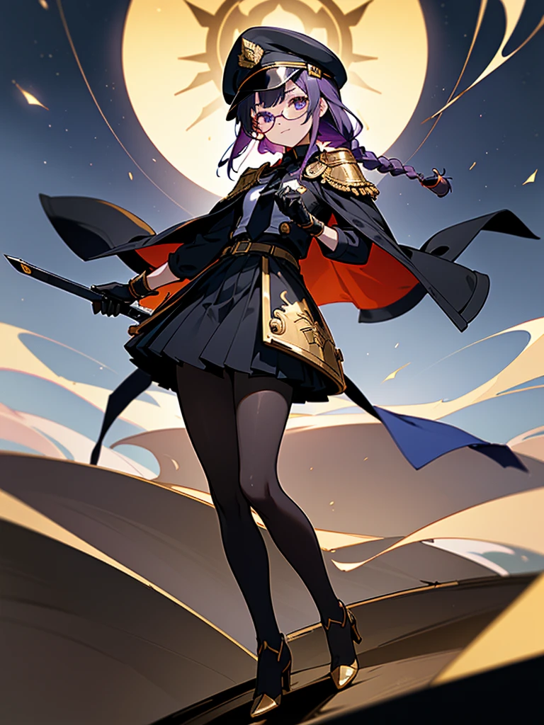 realisitic, City Deserted, Pile of rubble, Brick building, a one woman (18 years old, far away blackw hair, far away slits, Eyes red, glare eyes, 精致的面容, standing (In floor, feet shoulder-width apart), Lolita style military uniform (blackw base, blue Insert, golden decoration, volantes, wide sleeves, dainty and delicate detailing armors), blackw far away gloves (blackw, blue Insert, golden decoration, small hands, armors), blackw far away gloves, knee high boots (blackw, high-heels, red soles), ha (blackw, aba dourada, shield emblem, delicate details), arms in front, Front of belly, Holding military swords with both hands (blackw, golden decoration, delicate detail, Handle at the top, Ground-facing blade, in front of the body, far away), night sky (blackw, stele, Increased flames and smoke) Pale painting style, One Girl, super high quality, Super Detail, Super Detailed image, long hair, looking at viewer, skirt, shirt, hair ornament, violet eyes, gloves, round glasses, long sleeves, hat, closed mouth, jacket, violet hair, braid, open clothes, necktie, black gloves, black skirt, uniform, single braid, open jacket, black jacket, black headwear, 手链, peaked cap, black necktie, cropped jacket, military hat, pantyhose, Flat Chest, smile, Black Cape