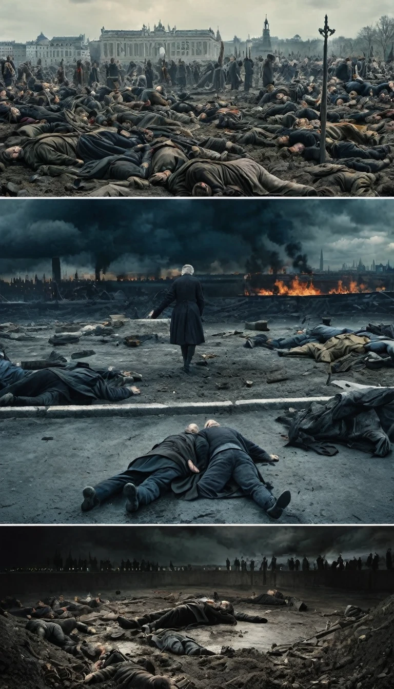 Split scene: one half showing death and despair, the other half depicting the rise of modern Europe
