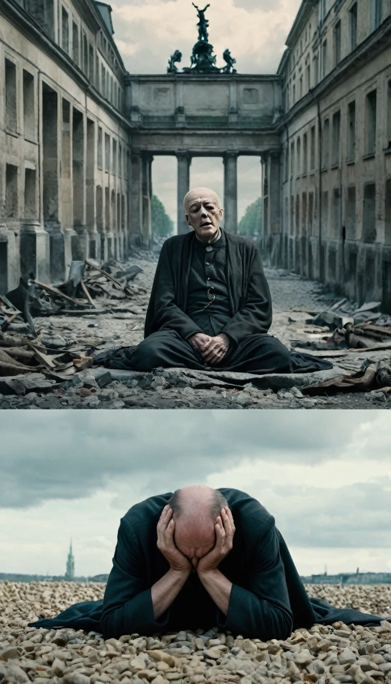 Split scene: one half showing death and despair, the other half depicting the rise of modern Europe