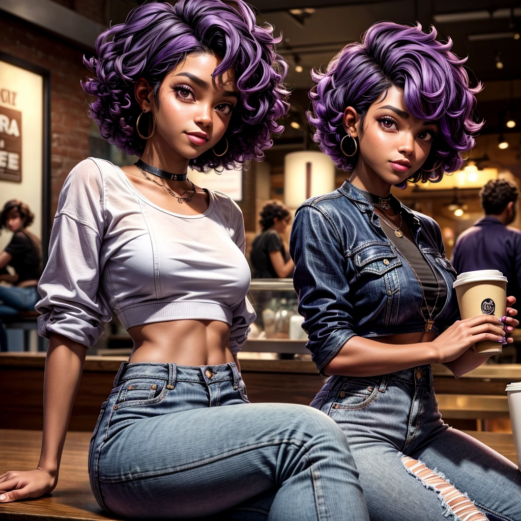 black girl,short curly hair with purple highlights,wearing a white crop top and vintage style mall jeans while drinking coffee in new york sitting in a coffee shop 