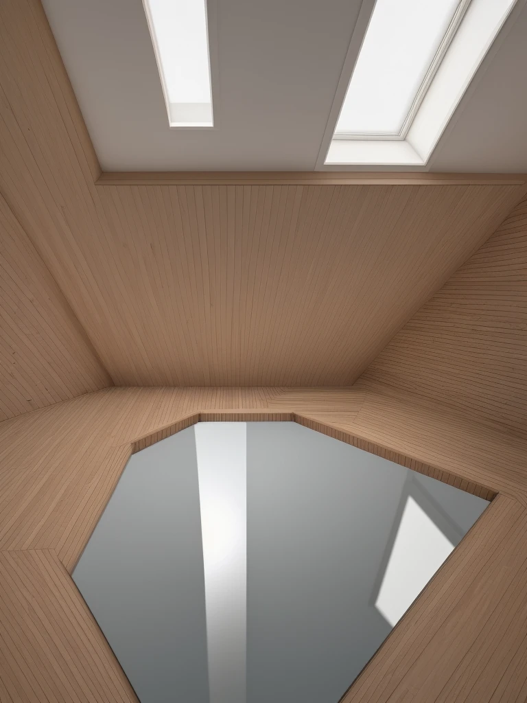Generate a trick art image of a room where the floor appears to be a reflective surface, creating an illusion of an endless abyss below. The room should have modern furniture and bright lighting. The art style should be photorealistic, with a focus on creating a convincing mirror effect.
