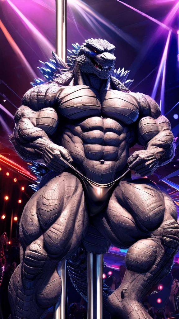 Overly muscular adult Godzilla wearing a small black thong dancing on a pole in a nightclub a sexy and flirtatious look self-confident