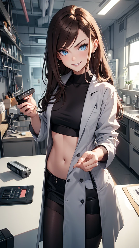 Heinz Doofenshmirtz, Genderbend, Brown Hair, Long Hair, Eyes Bags, Blue Eyes, Siren Eyes, Femme Fatale Makeup, black scoop neck top, Grey miniskirt, Lab coat, black boots, evil smile, motherhood, laboratory room, indoor, 2D Anime Style, 90s Camera, Vhs, HD