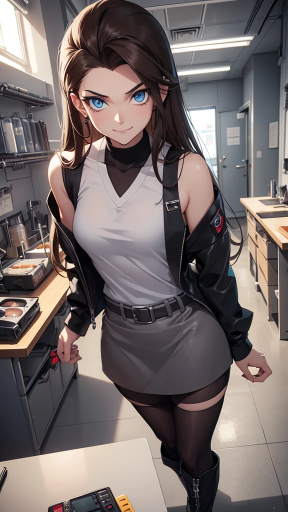 Heinz Doofenshmirtz, Genderbend, Brown Hair, Long Hair, Eyes Bags, Blue Eyes, Siren Eyes, Femme Fatale Makeup, black scoop neck top, Grey miniskirt, Lab coat, black boots, evil smile, motherhood, laboratory room, indoor, 2D Anime Style, 90s Camera, Vhs, HD