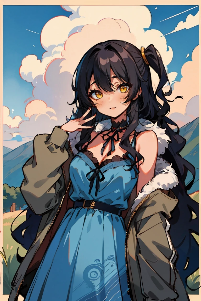 (masterpiece:1.2), (high quality:1.2), (hui xiyi:0.7), rekkyo sensen, rekkyou sensen, girls with((1girl, solo, black hair, yellow eyes, (wavy long hair, one side up:1.3), blush, breasts, choker, cleavage, coat, cowboy shot, blue lace dress, blue camisole dress, black ribbon belt, red bow, red ribbon, neck ribbon, fur, khaki jacket, hood down, hooded coat, hooded jacket, hoodie, jacket, large breasts, long hair, long sleeves, medium breasts, open clothes, open coat,open hoodie, sleeveless, winter clothes, zipper, cleavage, upper body, hand up, waving, palm)), background with((architecture, blue sky, bush, castle, village, no humans, cloud, cloudy sky, day, field, garden, grass, hill, house, lamppost, landscape, mountain, mountainous horizon, nature, no humans, outdoors, scenery, shrine, sky))