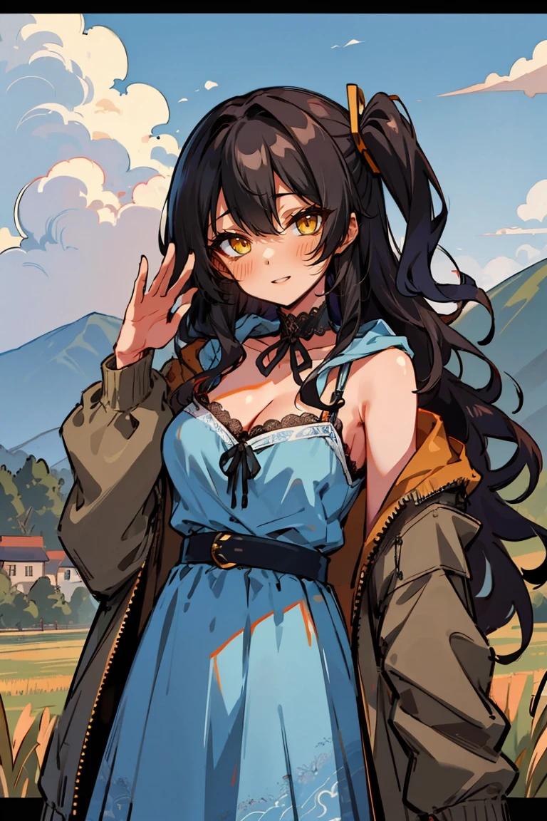 (masterpiece:1.2), (high quality:1.2), (hui xiyi:0.7), rekkyo sensen, rekkyou sensen, girls with((1girl, solo, black hair, yellow eyes, (wavy long hair, one side up:1.3), blush, breasts, choker, cleavage, coat, cowboy shot, blue lace dress, blue camisole dress, black ribbon belt, red bow, red ribbon, neck ribbon, fur, khaki jacket, hood down, hooded coat, hooded jacket, hoodie, jacket, large breasts, long hair, long sleeves, medium breasts, open clothes, open coat,open hoodie, sleeveless, winter clothes, zipper, cleavage, upper body, hand up, waving, palm)), background with((architecture, blue sky, bush, castle, village, no humans, cloud, cloudy sky, day, field, garden, grass, hill, house, lamppost, landscape, mountain, mountainous horizon, nature, no humans, outdoors, scenery, shrine, sky))