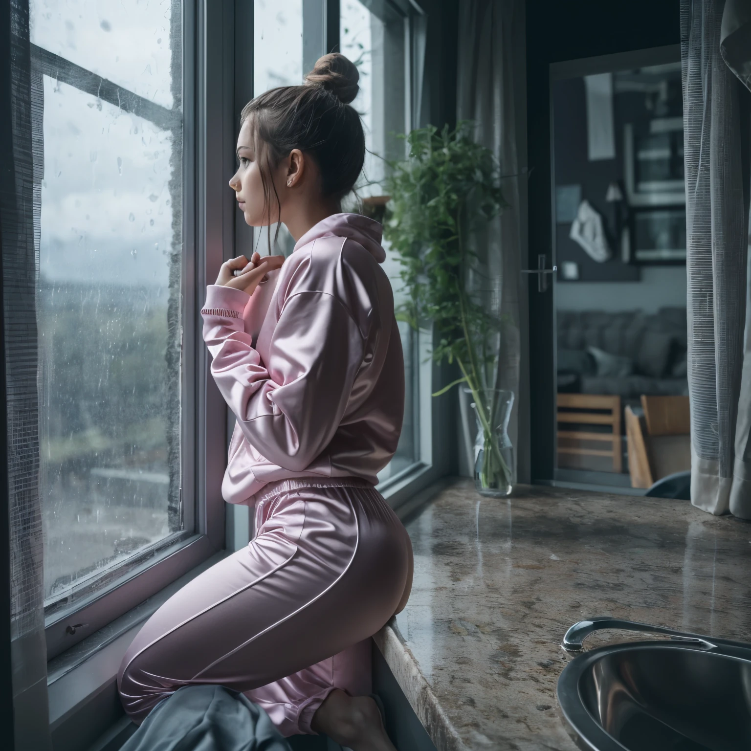 A young girl looks through a window and it is raining outside, she leans on the windowsill, she is wearing a sexy satin jogging suit,4K, sexy Ass, candid ass,