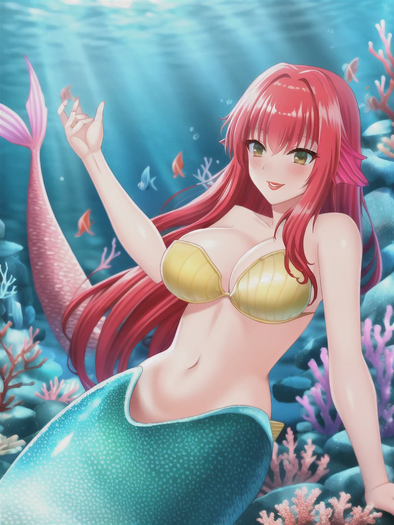 The mermaid, underwater sea, swim, coral, fish, red lips, red hair, mermaid tail below waistline, eel mermaid tail, 