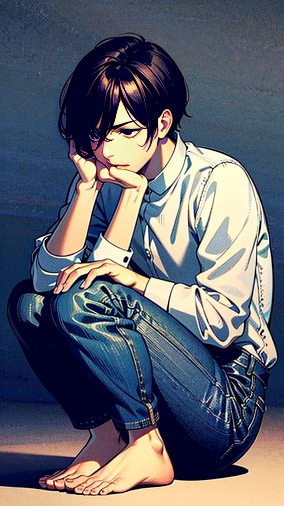 The person is also generated vertically.Background is a little horror.Create a highly detailed image of a mysterious and thoughtful young man in a crouched position. The character should have spiky black hair, large expressive eyes with dark circles, and a pale complexion. He is dressed in a loose-fitting white long-sleeve shirt and dark blue jeans. His pose is distinctive, with one hand near his mouth and the other resting on the ground for balance, and he is barefoot. 